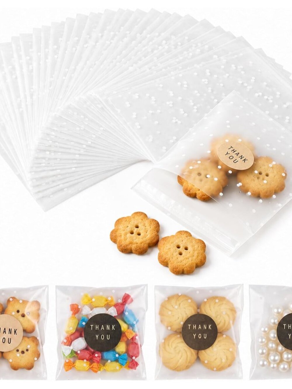 Self Sealing Cookie Bags with Sticker,100pack 4x4 in Cellophane Bags